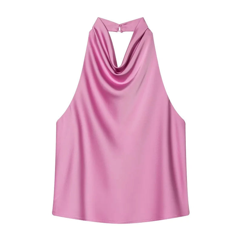 MUJER 2026 Halter Tops for Women Black Satin Backless Top Female Pink Summer Beach Top Woman off Shoulder Camisole Top Women Quick Pick Grocers