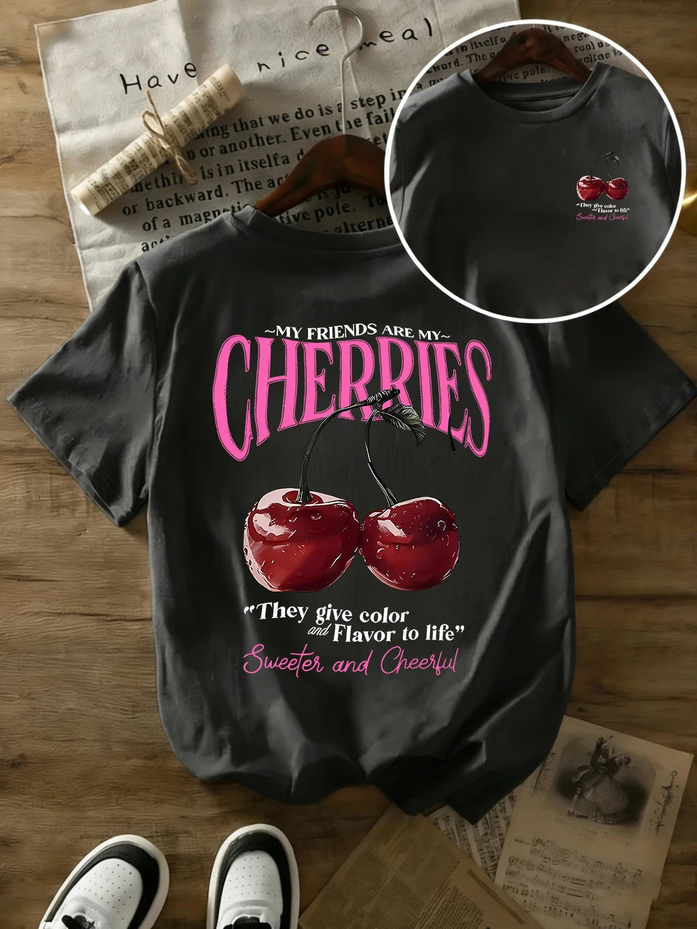 Summer Sweeter Cherries Prints T-Shirts Womens Cotton Oversized T Shirts Basic O-Neck Short Sleeve Tops Casual Woman Clothes Quick Pick Grocers