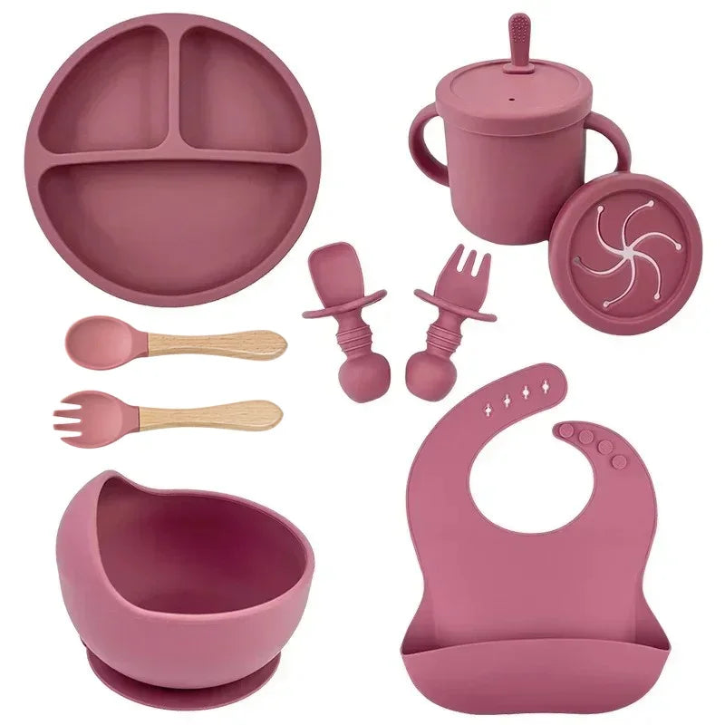 Food Grade Silicone Child Dish Set Baby Feeding Bowl Suction Plate Straw Cup Wooden Spoon Fork for Kids Tableware Toddler Dishes Purest Peak
