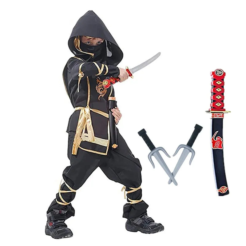 Black Ninja Costume Boy Halloween Japanese Samurai Costume Kid Anime Muscle Costume with Foam Accessories Best Children Gift Quick Pick Grocers