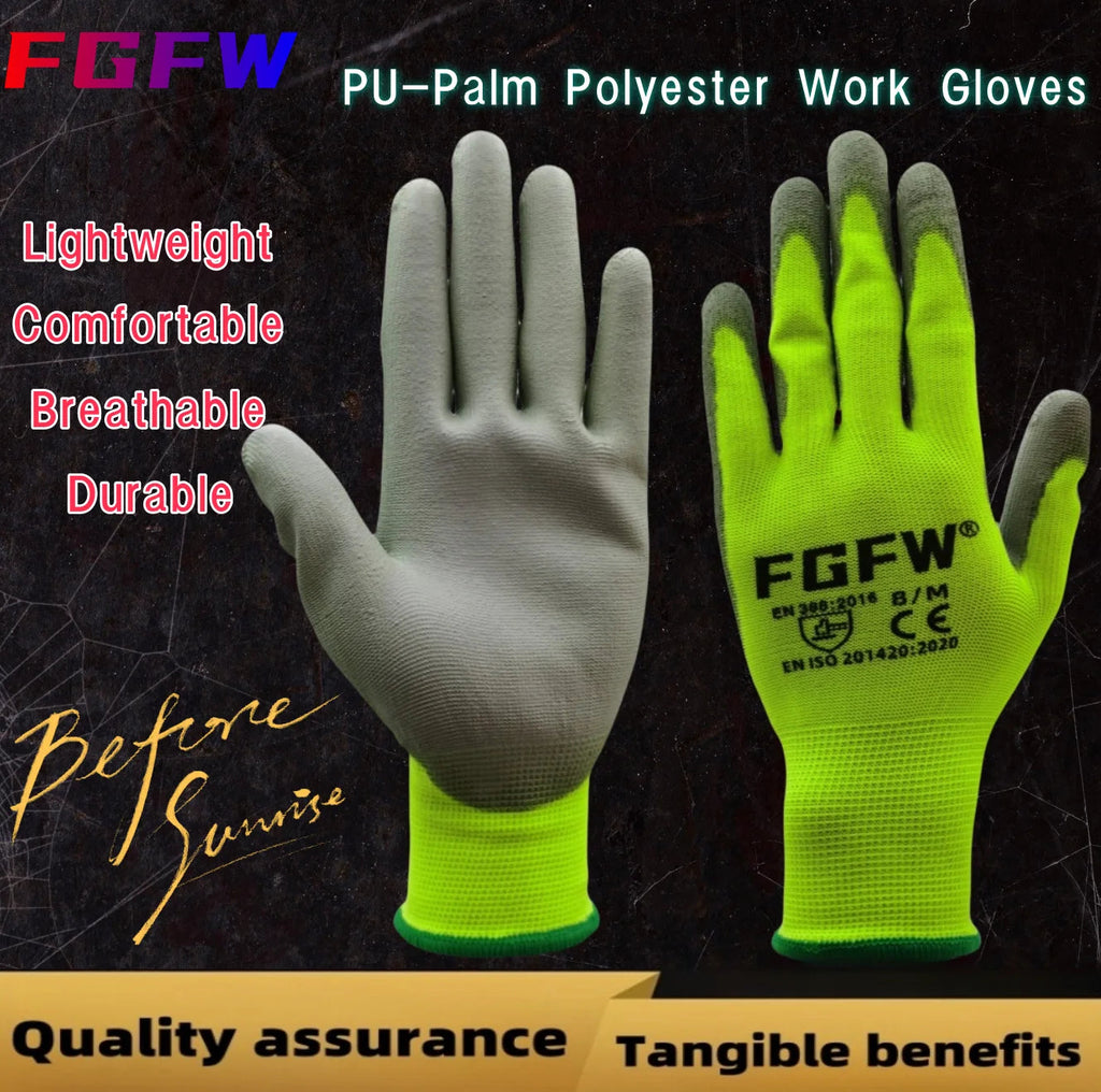 10 Pairs PU Coated Work Gloves - Lightweight, Durable Safety Gloves EN 388/ISO20471 Certified, Sizes S/M/L/XL Quick Pick Grocers