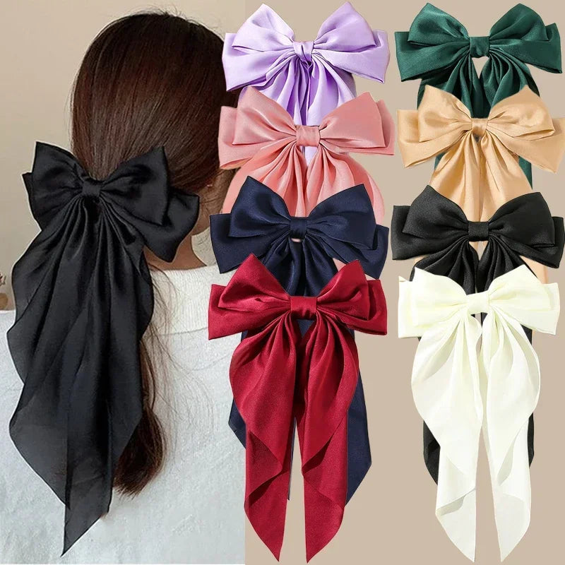 Korean Accessories Hair Clips for Women Girls Big Bowknot Solid Satin Long Ribbon Bows Spring Clamp Barette Cheveux Femme 2023 Quick Pick Grocers