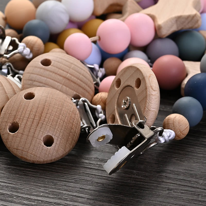 Baby Pacifier Chain Clips Wood Pentagram Teether Silicone Round Beads Teething Chain For Baby Care Soother Chew Toys Shower Gift Purest Peak