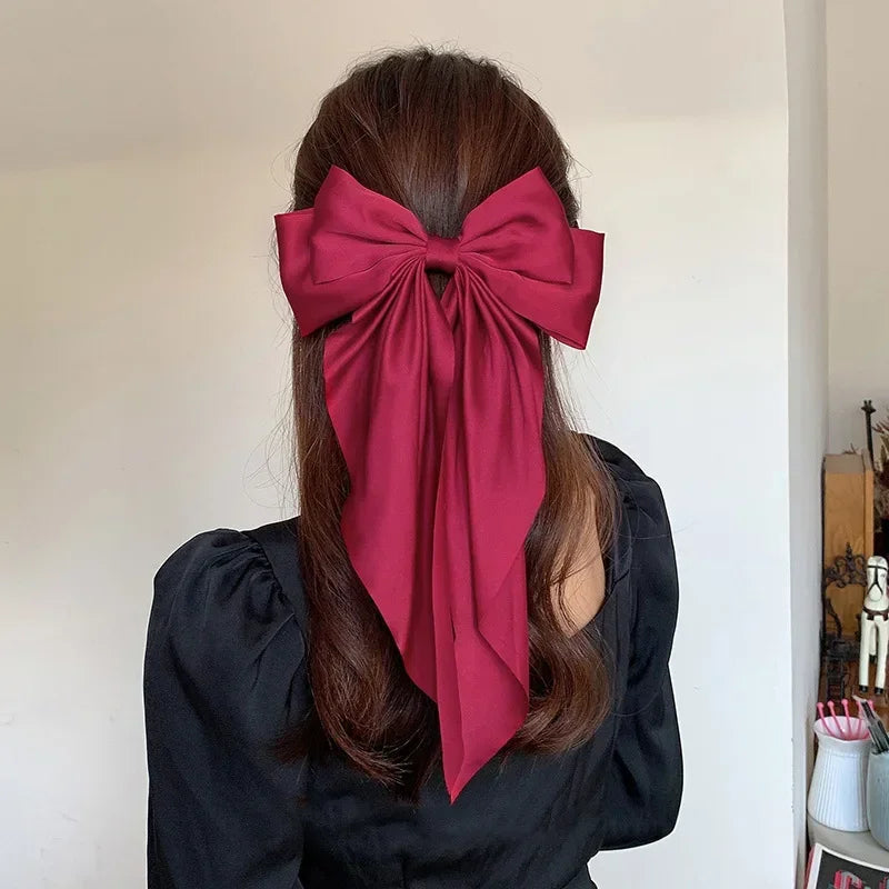 Korean Accessories Hair Clips for Women Girls Big Bowknot Solid Satin Long Ribbon Bows Spring Clamp Barette Cheveux Femme 2023 Quick Pick Grocers