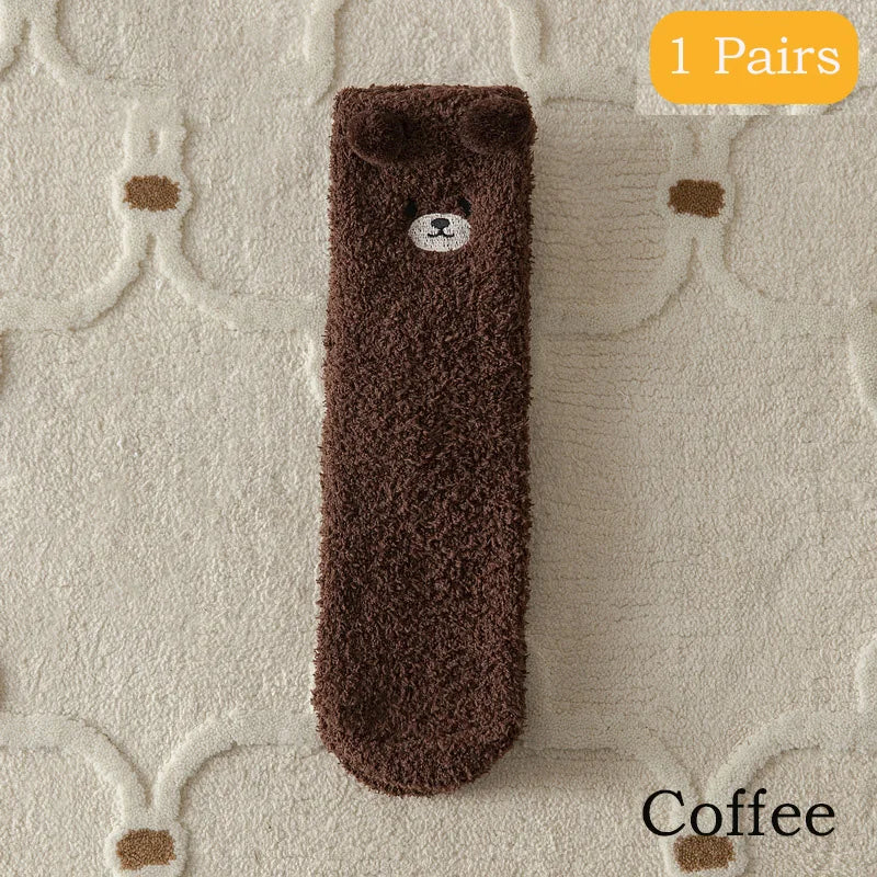 2 Pairs Cute Socks Bear Women Coral Velvet Thick Plush Warm Socks Sleep Fluffy Socks Cute Cartoon Lovely Floor Fuzzy Sock Winter Purest Peak