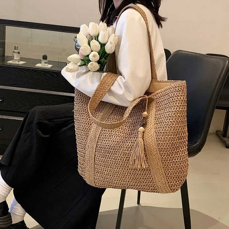 Elegant Ladies Straw Woven Handbag Women Holiday Beach Commute Casual Tote Top-Handle Bags Fashion Retro Shoulder Bags 2024 Quick Pick Grocers