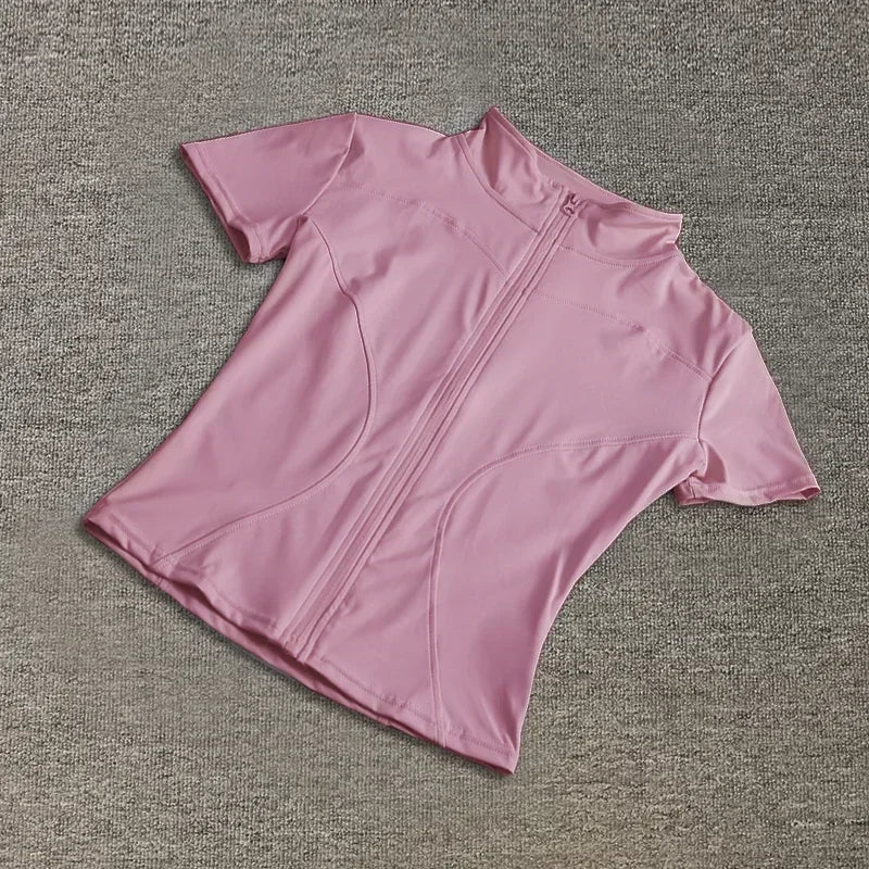Summer High Quality Waist Slimming Training Tops Women's Quick-drying Tight Stand Collar Full Zipper Short Sleeves Yoga shirts Quick Pick Grocers
