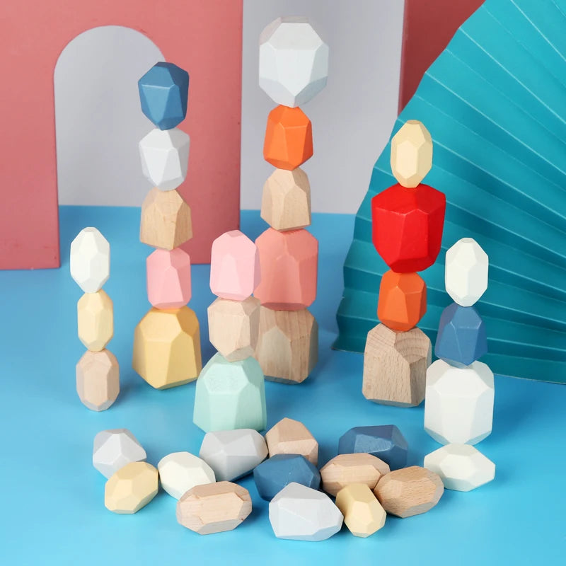 Wooden Sorting Stacking Rocks Stones Sensory Toddler Toys Learning Montessori Toys Building Blocks Game for Kids Birthday Gifts Purest Peak