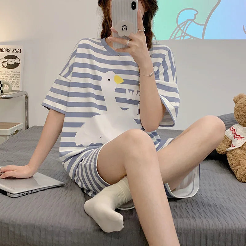 New Pajamas Female Summer Large Size Short-Sleeved Homewear Suit Korean Version of the Student Sweet and Lovely Ladies Homewear Quick Pick Grocers