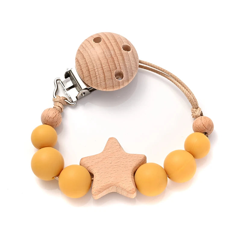 Baby Pacifier Chain Clips Wood Pentagram Teether Silicone Round Beads Teething Chain For Baby Care Soother Chew Toys Shower Gift Purest Peak