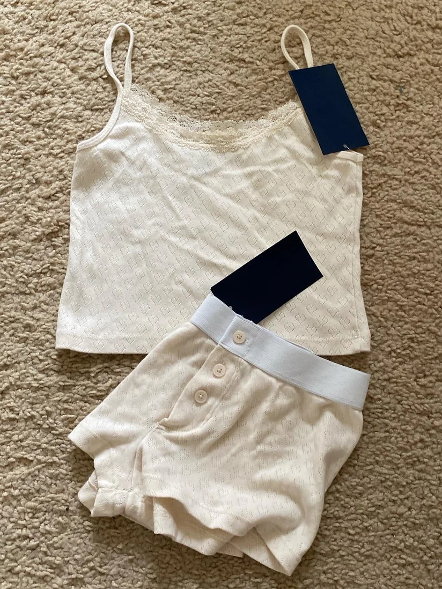 Strawberry Vest Shorts 2 Pieces Set Woman Eyelet Bow Slim Tank Top with Elastic Waist Patchwork Straight Short Pant Sweet Sets Quick Pick Grocers