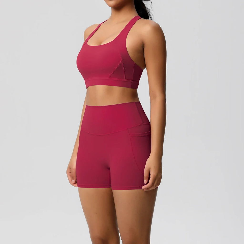 2PCS Sportswear With Pocketed Yoga Set Gym Clothes Yoga Suits For Women Tracksuits Sports Shorts Crossover Bra Gym Leggings Quick Pick Grocers