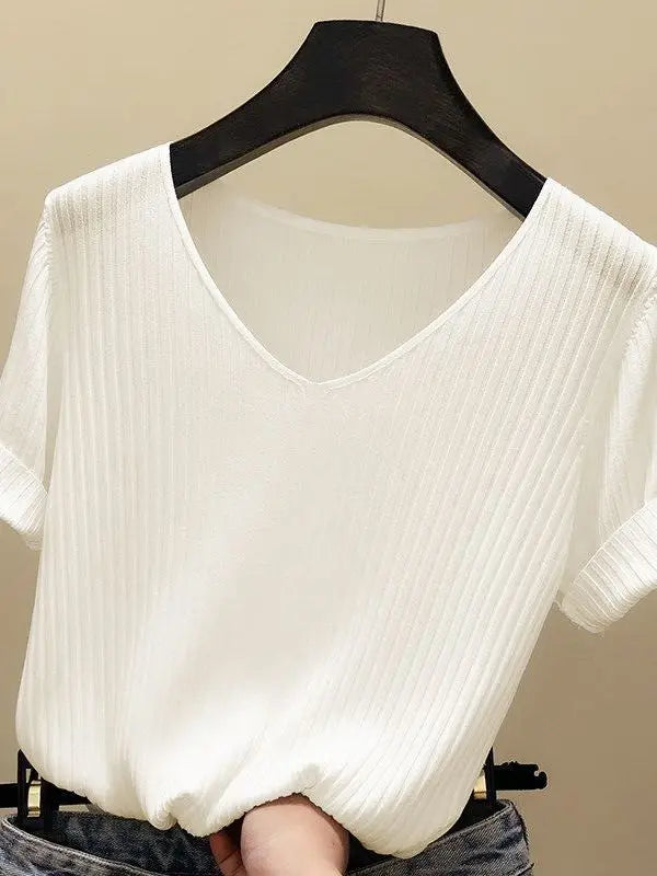 AOSSVIAO 2026 Basic V-neck Solid Thin Summer Women Pullover Female Thin Knitted Ribbed Sweater Slim Short Sleeve Bodycon Sweater Quick Pick Grocers