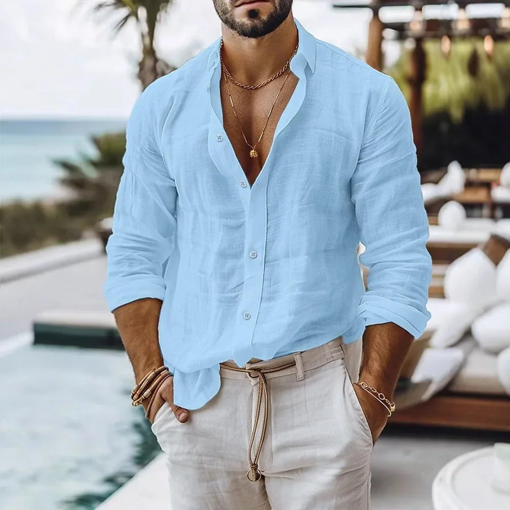 Cotton Linen Shirt for Men Summer Beach Style Solid Color Single Breasted Breathable Shirts Lightweight Stylish Button Tops Quick Pick Grocers