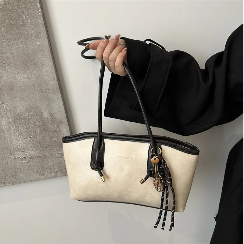 European American Retro Tote Bag, Korean Fashion Shoulder Bags Advanced Simple Handbag New Large Capacity Pendant Versatile Bags Quick Pick Grocers