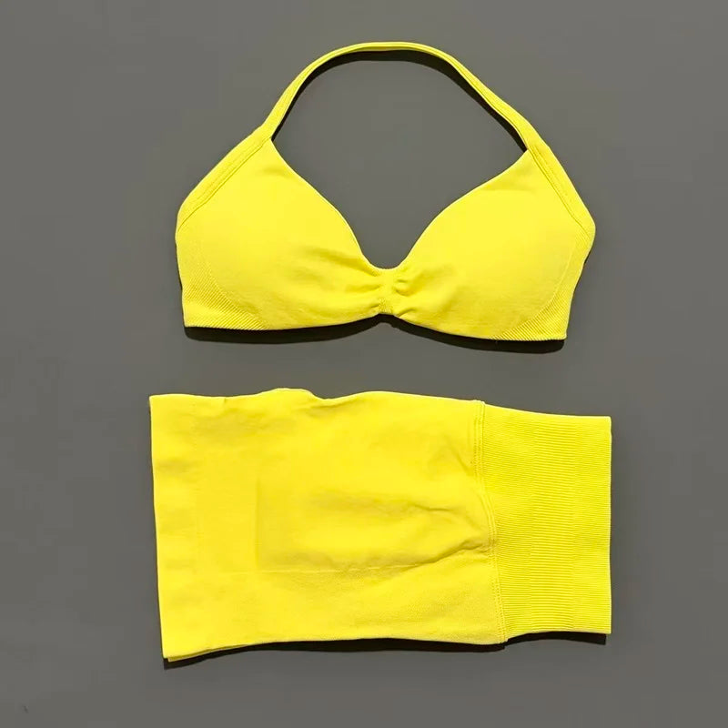 HISTELLO Gym Set 2 Piece Women Strappy Yoga Bra Top Workout Scrunch Shorts Sports Suit Fitness Clothes Seamless Yoga Set Quick Pick Grocers