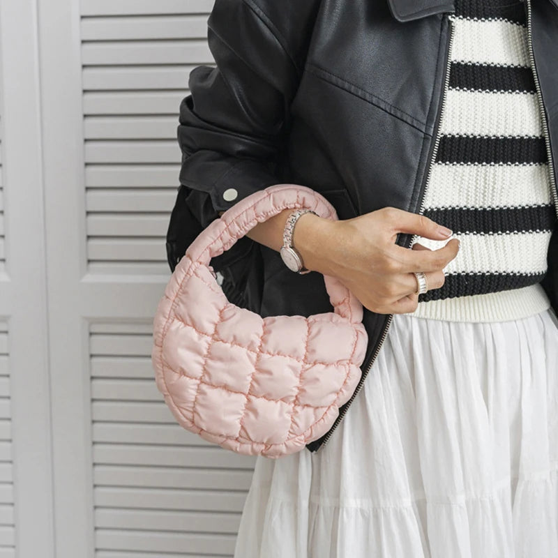 Fashion Mini Puffer Tote Bag Quilted Circle Phone Purse Elegant Purple Soft Nylon Padded Key Pouch Simple Trend Handbag Econic Blanks