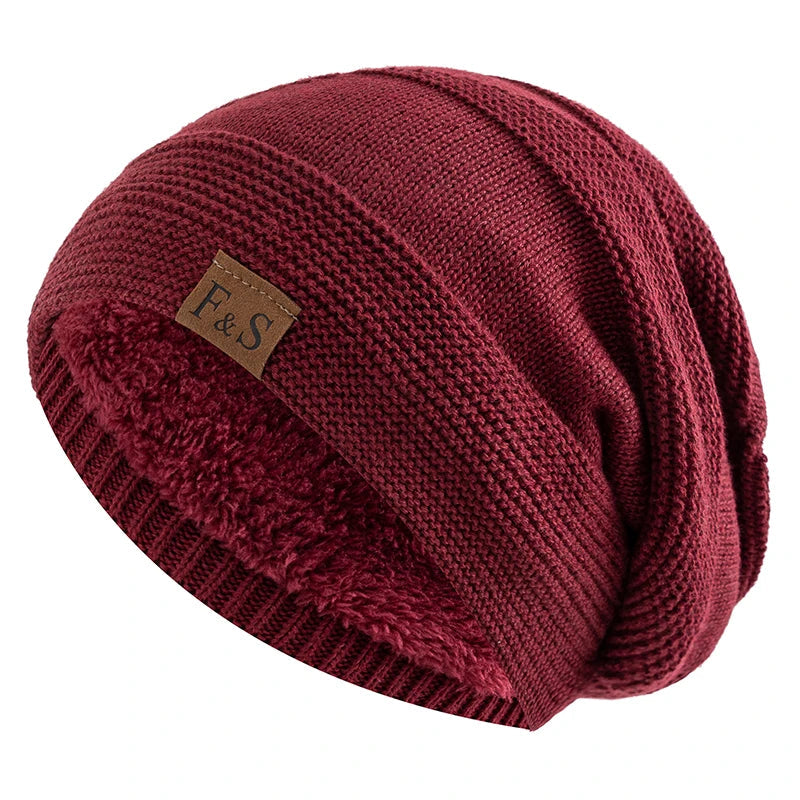 New Unisex Slouchy Winter Hats Add Fur Lined Men And Women Warm Beanie Cap Casual Label Decor Winter Knitted Hats Purest Peak