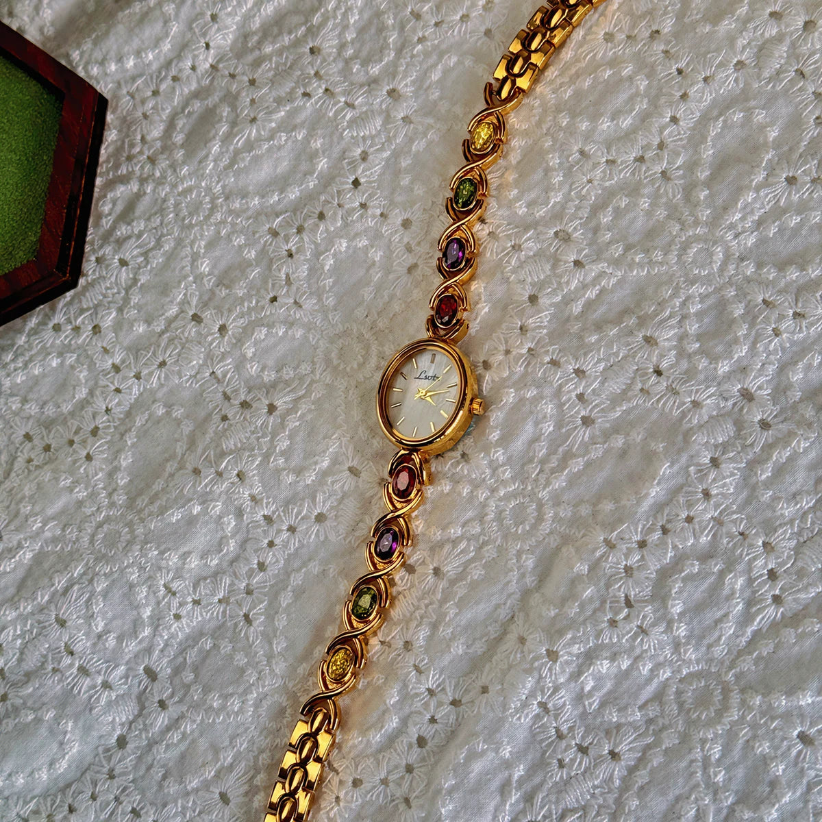 1pc New High-End Luxury Women's Watch Embedded With Colorful Tourmalines, Diamonds And An Oval Shaped Mother Of Pearl Dial. Quick Pick Grocers