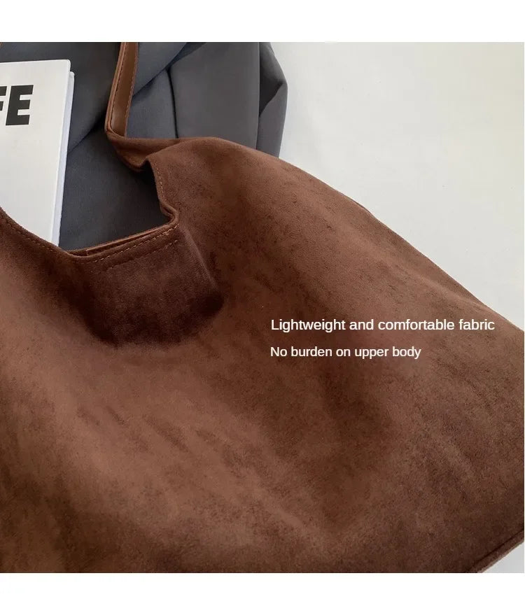 Autumn and Winter Vintage Women's Bag Large Capacity Suede Shoulder Bag Solid Color Simple Casual Commuter Bag Retro Handbags Quick Pick Grocers