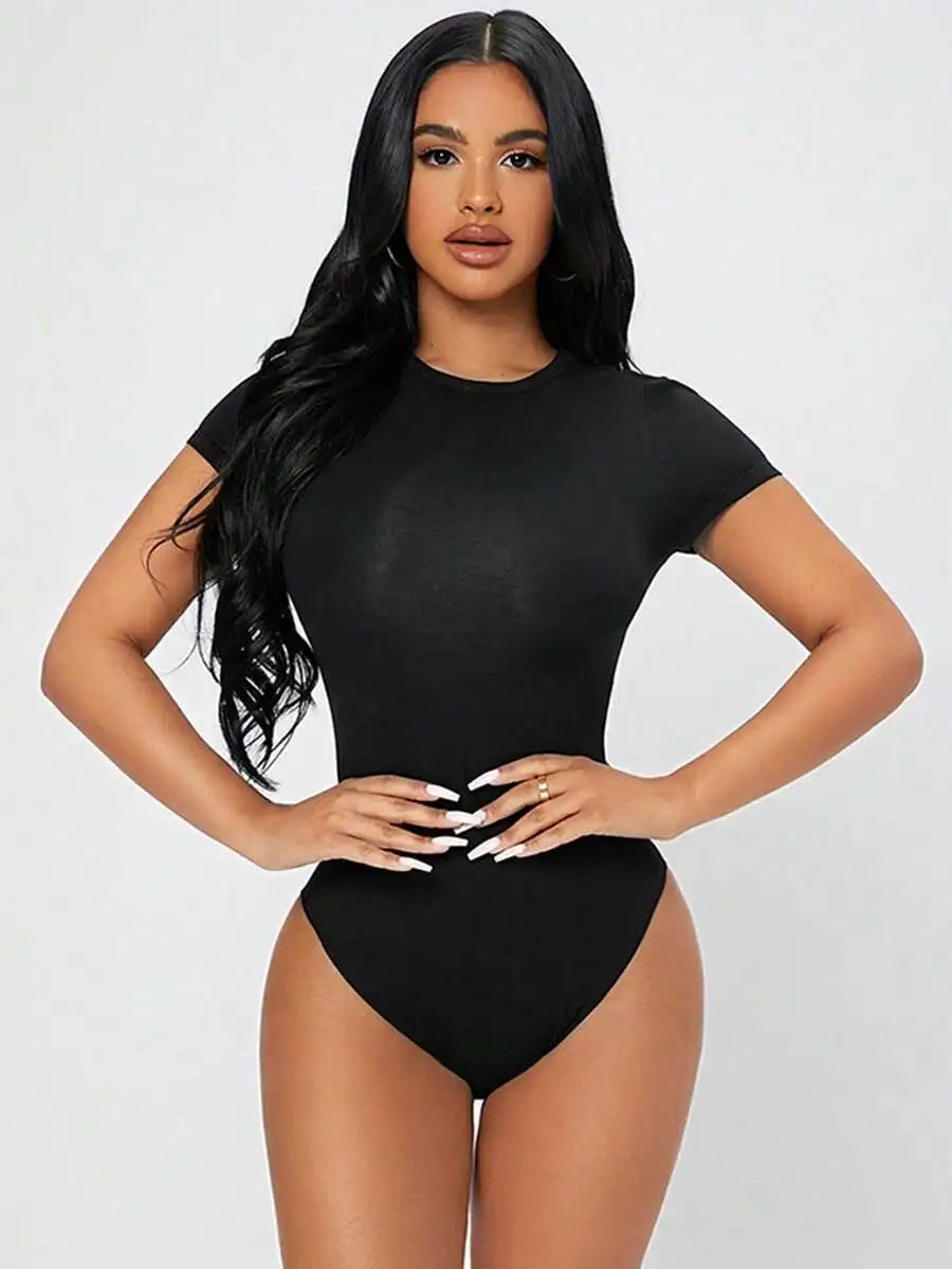 Petite Solid Slim Fit Short Sleeve Bodycon Bodysuit for Women Quick Pick Grocers