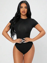 Petite Solid Slim Fit Short Sleeve Bodycon Bodysuit for Women Quick Pick Grocers