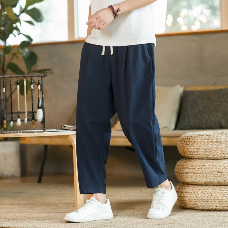 Men's Trousers Cotton Linen Fashion Casual Pants Solid Color Breathable Loose Shorts Straight Drawstring Pants Streetwear Men Quick Pick Grocers