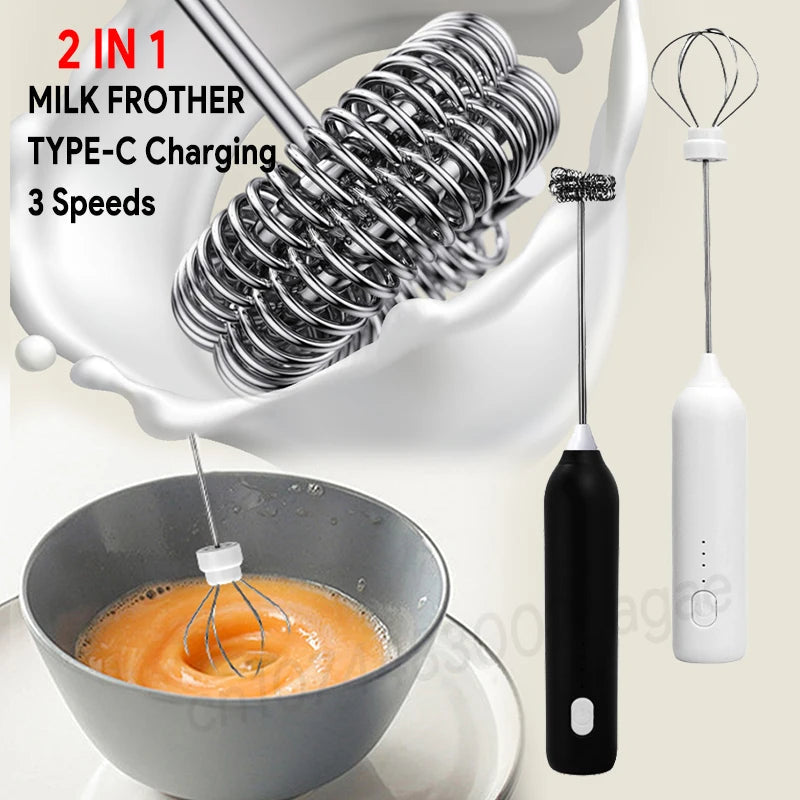 UPGRADED Electric Coffee Frother/MILK Whisk+Egg Beater MINI Food Blender USB Rechargeable Handheld Three Speeds Espresso Tools Quick Pick Grocers