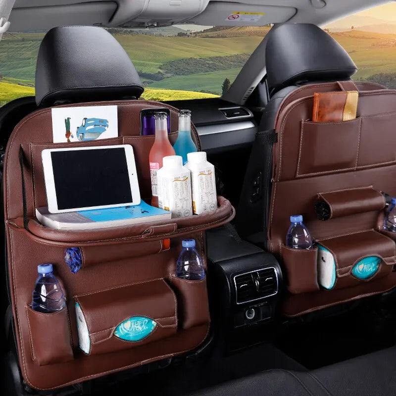 Car Seat Back Organizer with Foldable Table Tray PU Leather Storage Organizer with Pockets Kick Mats Seat Interior Accessories Econic Blanks