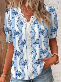 2024 Fashion Casual Vacation Shirt Women Summer V Neck Hollow Out Solid Color Blouse Female Elegant Striped Jacquard Casual Tops Quick Pick Grocers