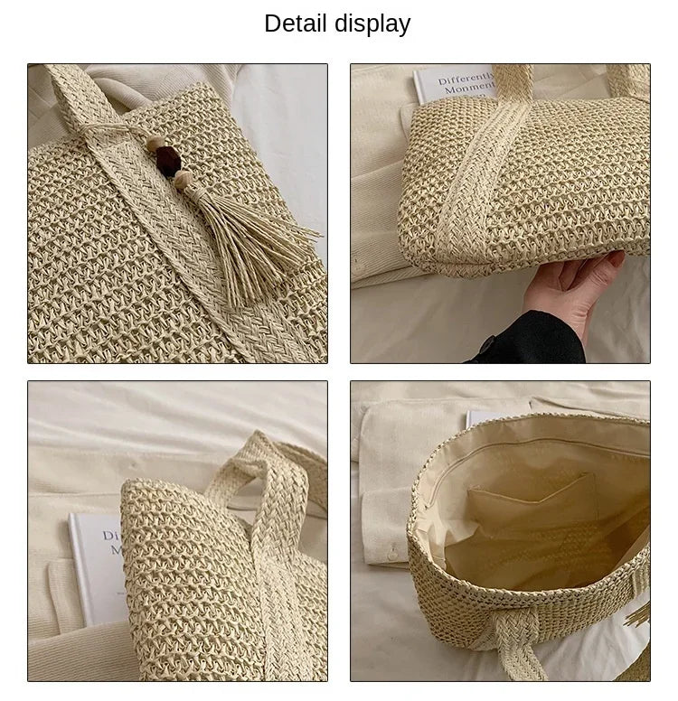 Elegant Ladies Straw Woven Handbag Women Holiday Beach Commute Casual Tote Top-Handle Bags Fashion Retro Shoulder Bags 2024 Quick Pick Grocers