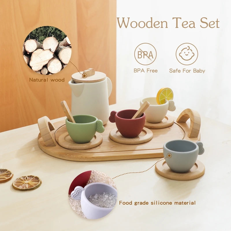 Wooden Children Montessori Toy Teapot Teacup Simulation Kitchen Utensil  BPA Free Silicone Kid Education Pretend Play Toy Gift Purest Peak