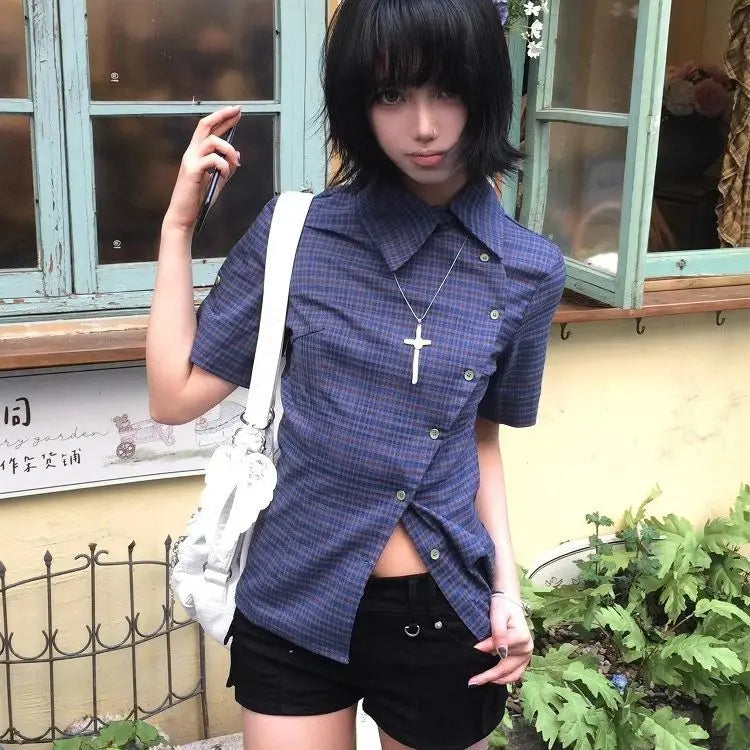 Genayooa Vintage Plaid Casual Shirt Women Short Sleeve Y2k Tops Japanese 2000s Summer Shirt Irregular American Retro 90s Tshirts Quick Pick Grocers