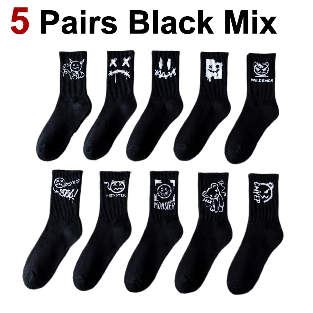 5/10 Pairs Men Women Graffiti Printed socks Street Style Soft Comfortable Sweat Absorbing Breathable Couple Sports Leisure Socks Quick Pick Grocers