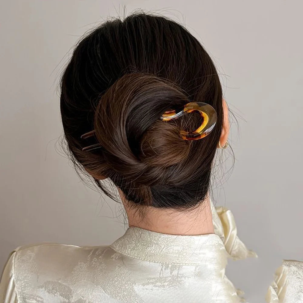 U-Shaped Hair Fork Fashion Tortoiseshell Acetate Acrylic Hairpin Geometric Headwear Hair Sticks Women Girls Hair Accessories Quick Pick Grocers