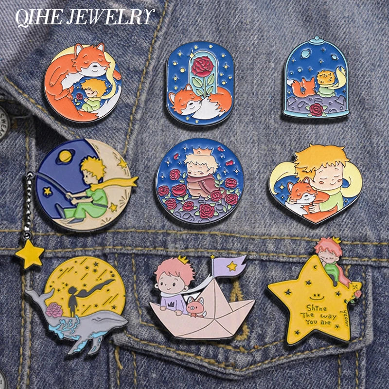 Cartoon Boy Fox Rose Enamel Pins Moon Star Whale Paper Boat Brooch Lapel Hat Bag Badge Jewelry Accessories Gift for Kids Friends Quick Pick Grocers