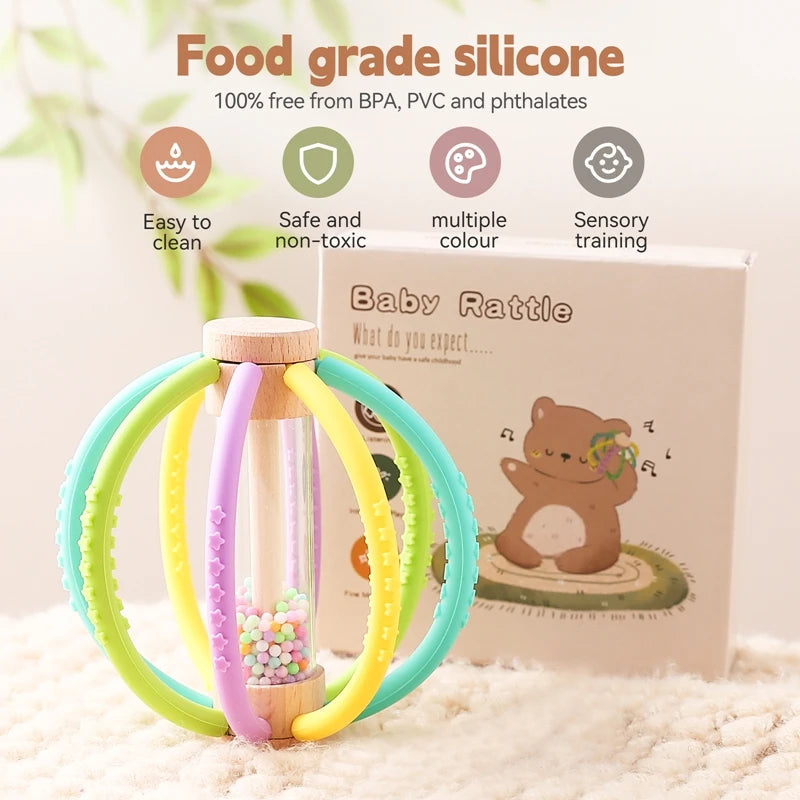 Baby Rattle Toy Wooden Rain Drum With Silicone Baby Sensory Touch Toy Newborn Dental Care Gum Anti-eating Hand Molar Stick Gif Purest Peak