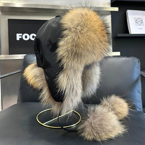 2025 100% Real Fox Fur Hats Women's Russian Ushanka Aviator Trapper Snow Skiing Hat Caps Earflap Winter Raccoon Fur Bomber Hat Purest Peak