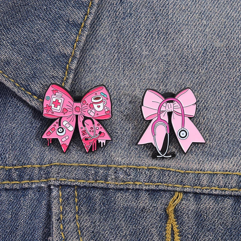 Pink Bowknot Medical Tools Stethoscope Enamel Pins Surgical Gloves Capsule Band Aid Brooches Clothes Lapel Badges Jewelry Gift Quick Pick Grocers