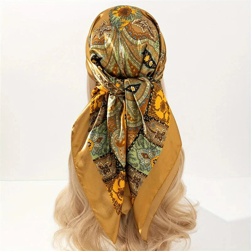 Satin Square Scarf Women Muslim Hijab Elegant 2025 Print Silk Neckerchief Shawl Wraps Headband Handle Hair Accessories Bandana Econic Blanks