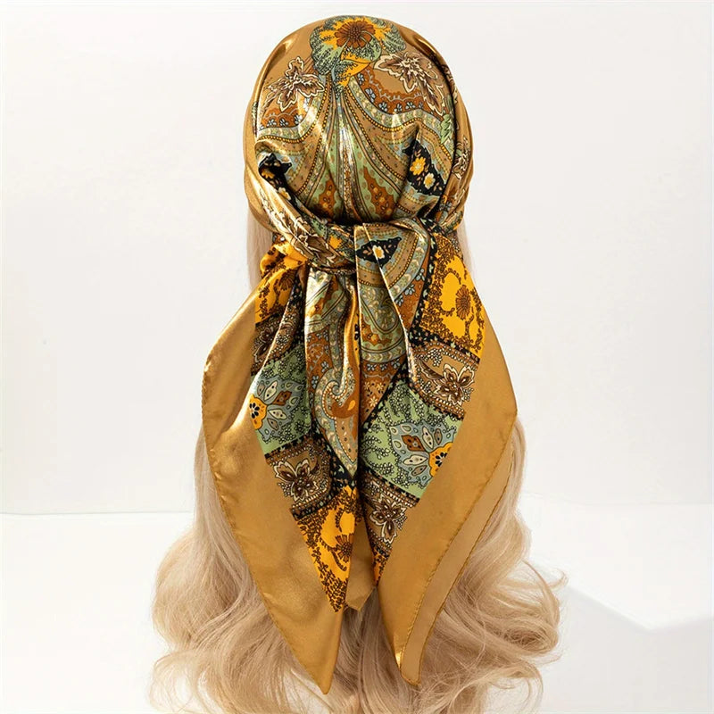 Handkerchiefs Hair Silk Scarf 90*90cm Print Satin Big Square Silk Scarves Shawls for Women Luxury Brand Designer Hijab Headband Quick Pick Grocers