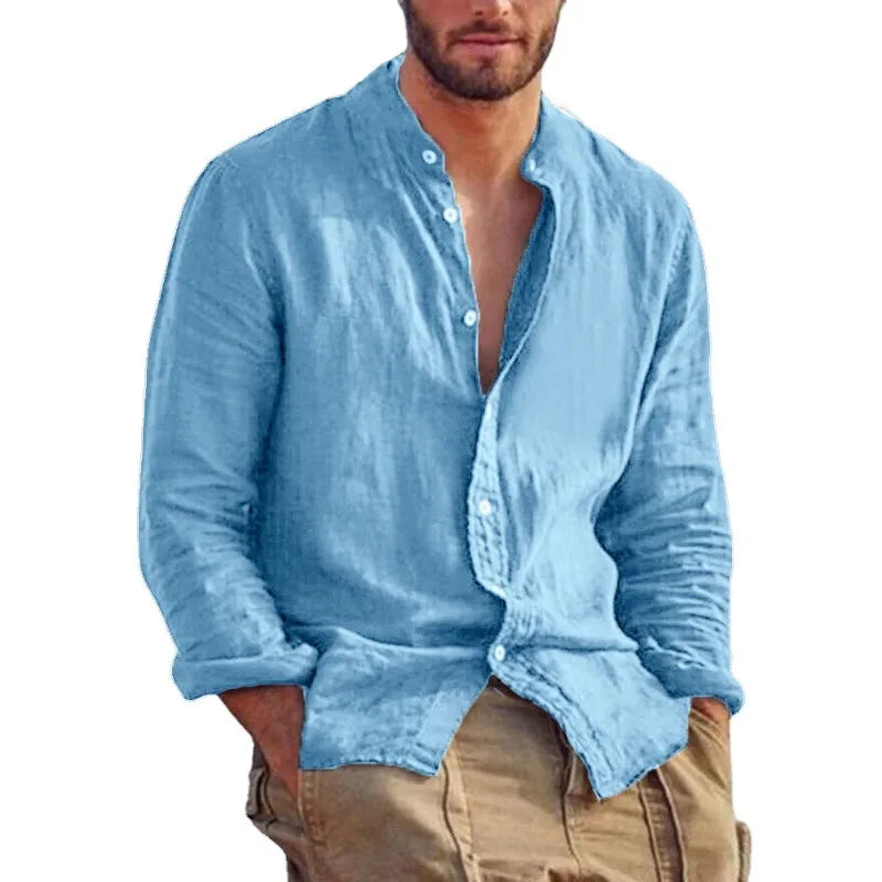Sweatwear Men's Long Sleeve Shirt Linen Solid Color Shirts Trend Stand Collar Casual Lightweight Breathable Tops Hawaiian Shirt Quick Pick Grocers