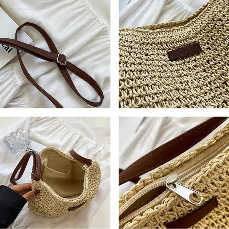 Ladies Fashion Summer Straw Crossbody Bag Women Beach Holiday Shopping Woven Shoulder Handbag Messenger Purses For Women Bags Quick Pick Grocers