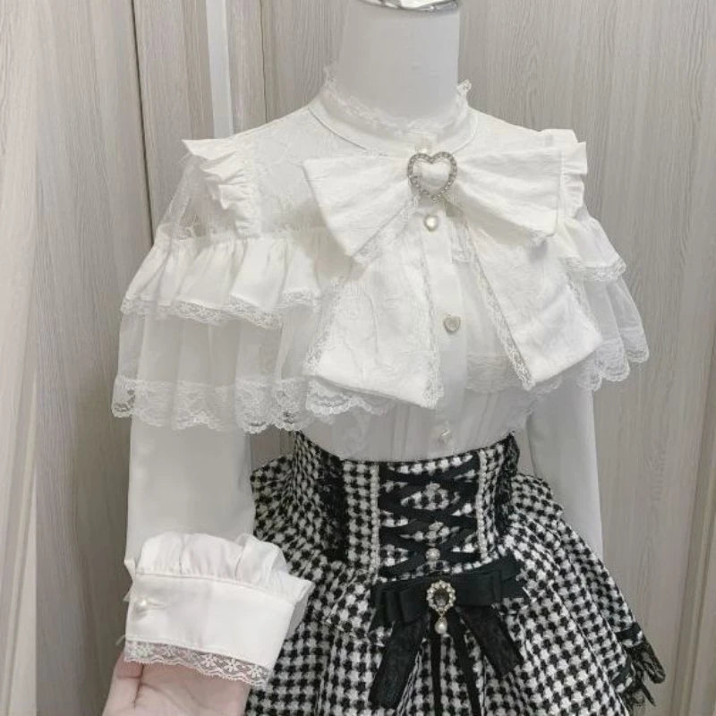 Japanese Kawaii Lolita Lace Patchwork Blouses Summer Women Harajuku Single Breasted Sweet Shirts Cute Girly JK Bow Tops Blusas Quick Pick Grocers