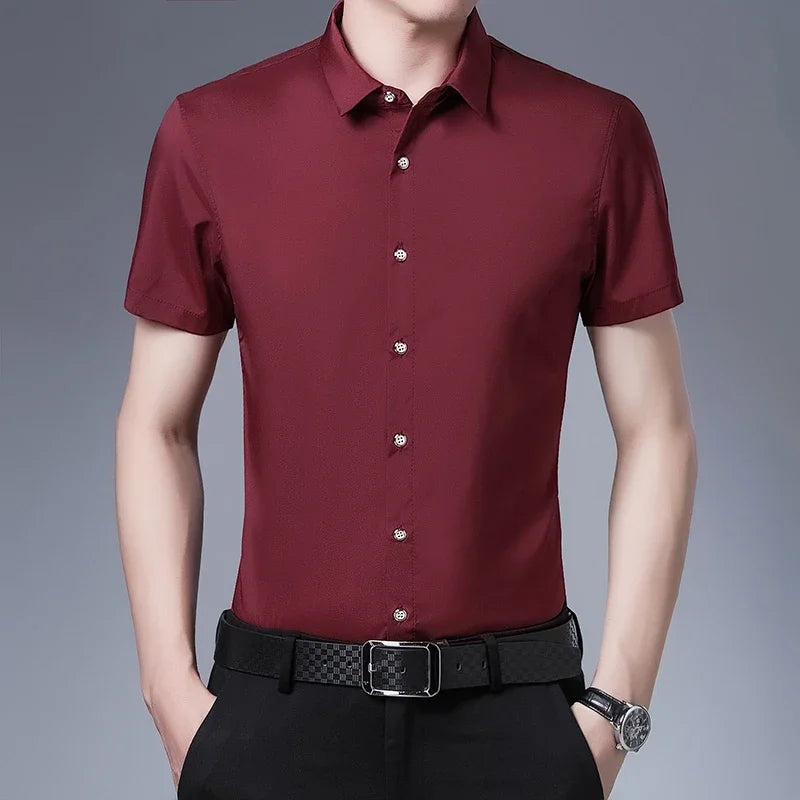 Men's Business Casual Solid Color Short Sleeved Shirt Non Ironing Comfortable Top Quick Pick Grocers