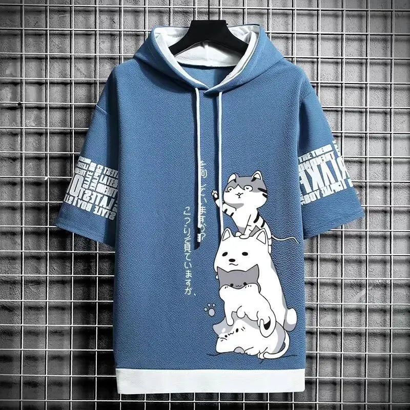 Japan Fashion Men's Hoodies Summer Men Clothing Cartoon Casual Harajuku Streetwear Print Hooded Top Short Sleeve Sweatshirts Men Quick Pick Grocers