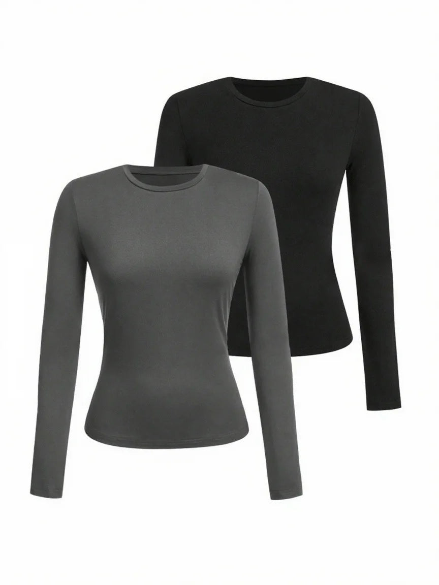 Women's solid-color long-sleeved T-shirt - Polyester knitted fabric, round neck, regular fit, fall-winter style Quick Pick Grocers