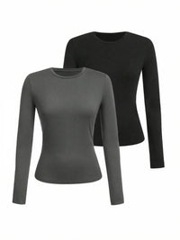 Women's solid-color long-sleeved T-shirt - Polyester knitted fabric, round neck, regular fit, fall-winter style Quick Pick Grocers
