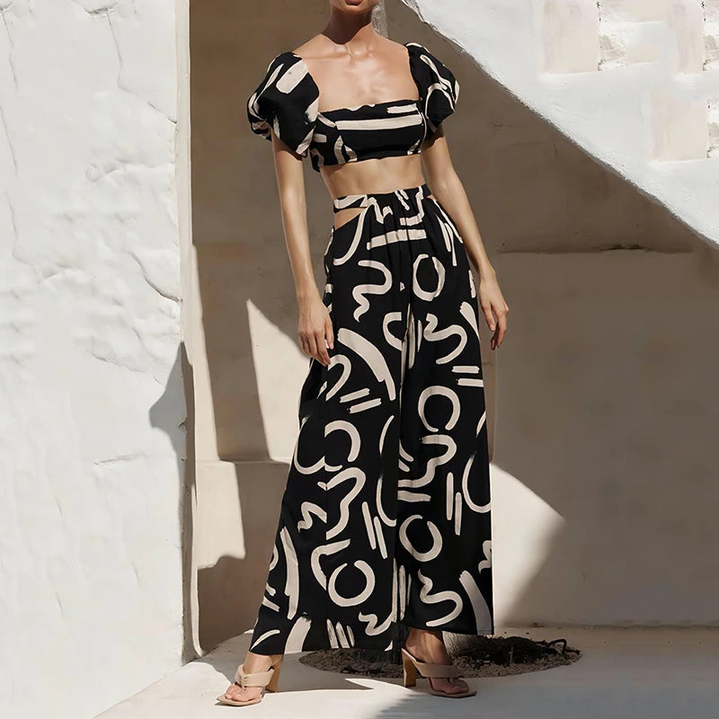 Two Piece Sets Fashion New Print Solid Color Puff Sleeve Zipper Breast Wrap Crop Top & Hollow Out Waist Big Hem Dress Suits Lady Quick Pick Grocers