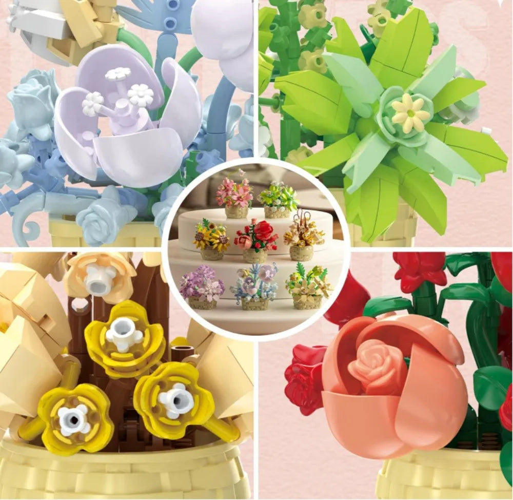 DIY Potted Plant Building Blocks Set - Rose Sunflower Succulents Bonsai Tree Romantic Garden Kids Model Bricks Toy Kit Econic Blanks